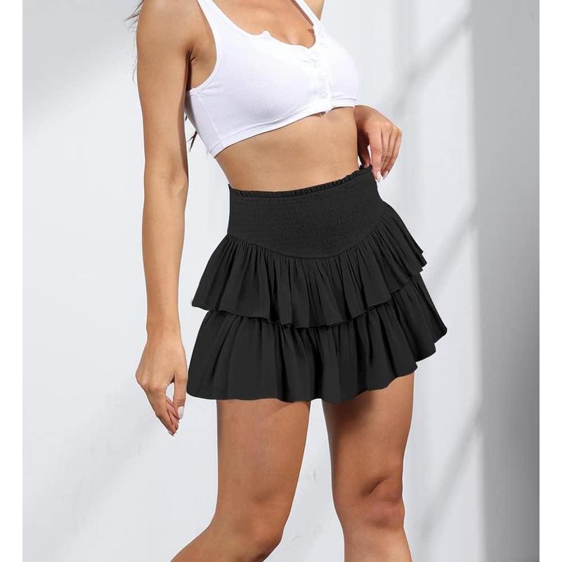 Women's High Waist Ruffle Flowy Mini Skirts Stretchy Waist Solid Lined Pleated Casual Beach Short Skirt