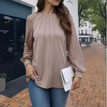 Women's Contrast Lace Long Sleeve Half Button Knit Top, Casual Round Neck Knitwear for Spring & Fall, Chic Knitting Tops, Women's Knit Clothing for Daily Wear Womenswear Underwear