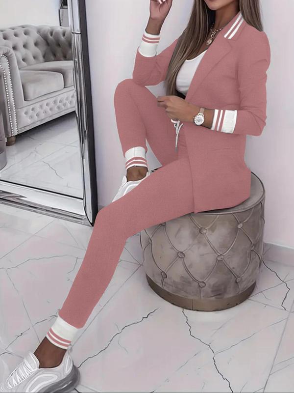 Women's Solid Color Striped Trim Long Sleeve Blazer & Drawstring Waist Pants Two-piece Set, Casual Open Front Outerwear & Trousers for Spring & Fall, Women's Clothes for Daily Wear