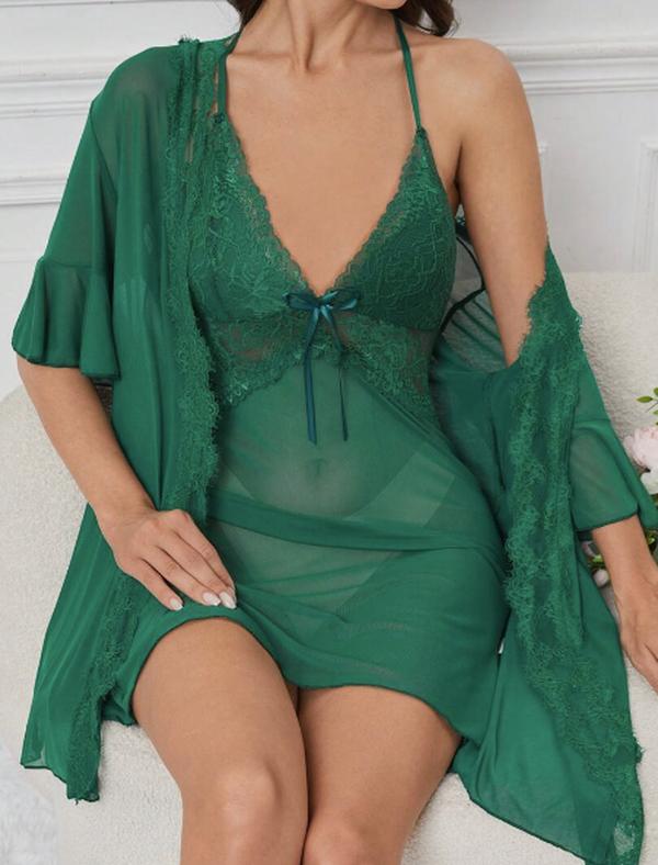 Lace Panel Flounce Sleeve Belted Mesh Robe & Cami Dress Pajama Set Without Lingerie Set VIRAL CUTE Loungewear Nightwear