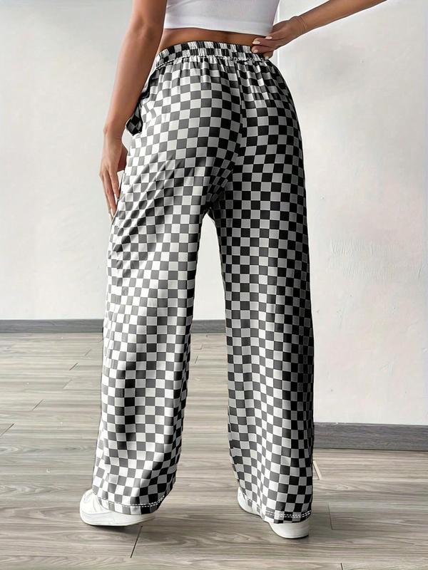 Women's Plaid Print Drawstring Waist Straight Leg Pants, Casual Pocket Trousers for Daily Wear, Ladies Bottoms for All Seasons