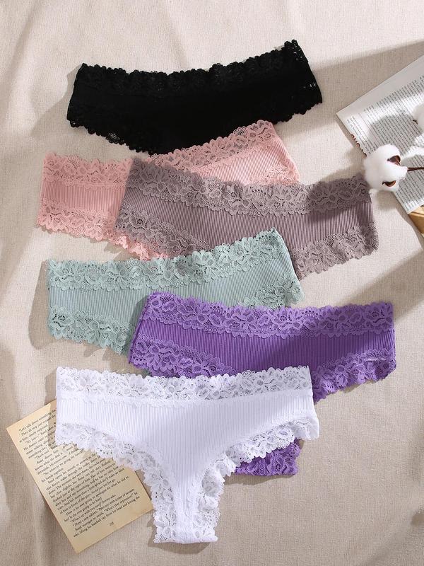 Women's 6pcs Plain Contrast Lace Panty, Soft Comfy Breathable Knickers Panty for Daily Wear, Fall Underwear for Women, Fall Cheeky Panties Multipack, Women's Underwear Bottoms for Fall, Fall Wear Black Girl, Fallfreshness