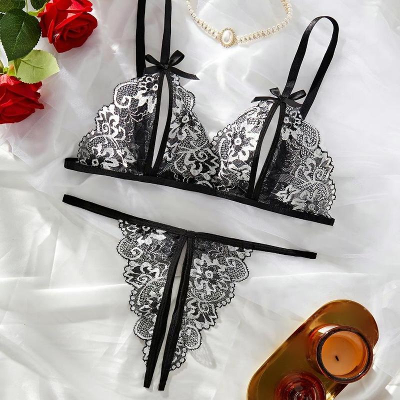 Women's 2pcs Bow Decor Sheer Floral Lace Lingerie Set, Elegant Adjustable Strap Bra & Crotchless Thong Underwear Set, Soft Comfy Sexy Lingerie  Comfortable Medium Original Warmer Spaghetti Strap Floral Lace Women's Silk romantic underwear floral lace