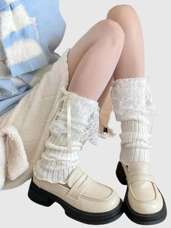 Women's Bow Front Contrast Lace Leg Warmers, Cute Over The Calf Socks for Daily Wear, Women's Socks for All Seasons