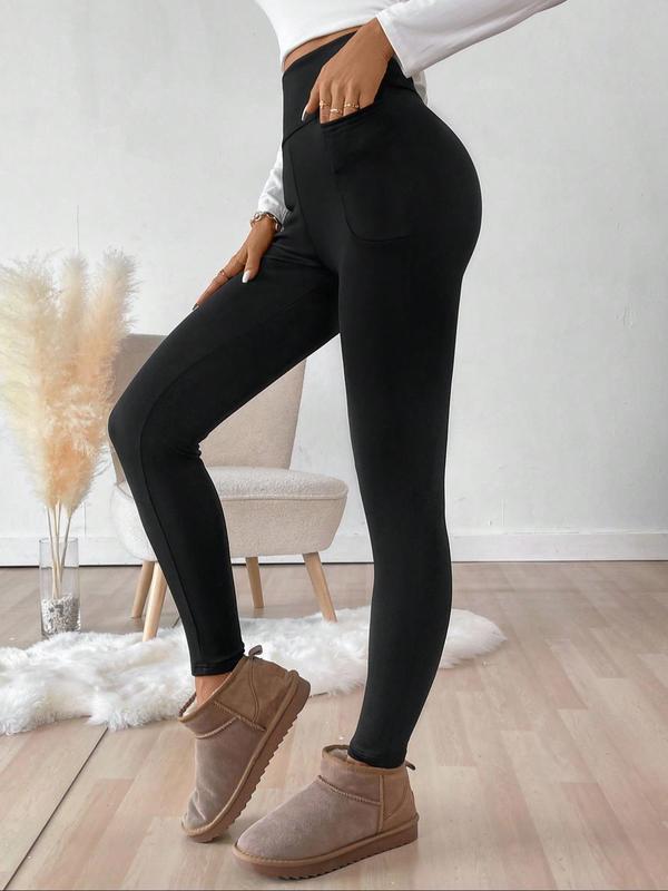 Women's Solid High Waist Pocket Leggings, Casual Comfy Warm Skinny Pants for Daily Wear, Ladies Bottoms for Fall & Winter