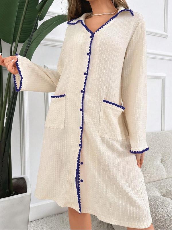 Women's Contrast Binding Button Front Pocket Nightdress, Casual Collared Flounce Sleeve Nightgown, Ladies Sleepwear for Spring & Fall