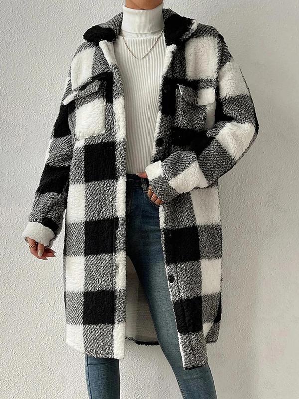 Women's Plaid Print Button Front Pocket Plush Jacket, Casual Drop Shoulder Long Sleeve Asymmetrical Hem Collared Outerwear for Fall & Winter, Winter Clothes Women, Ladies Clothes for Daily Wear