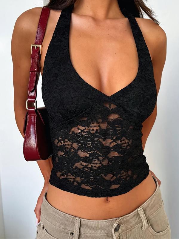 Women's Plain Floral Lace Backless Halter Neck Top, Casual Tie Back Sheer Top for Summer, Fashion Women's Top for Daily Wear