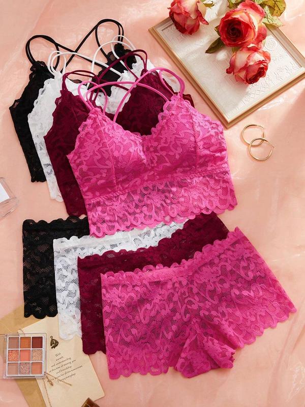 Two-Piece Set Women's Plain Sheer Lace Underwear Set, Elegant Criss Cross Double Strap Chest Padded Wireless Bra & Boyshorts Set, Comfy Breathable Lingerie Set for Women