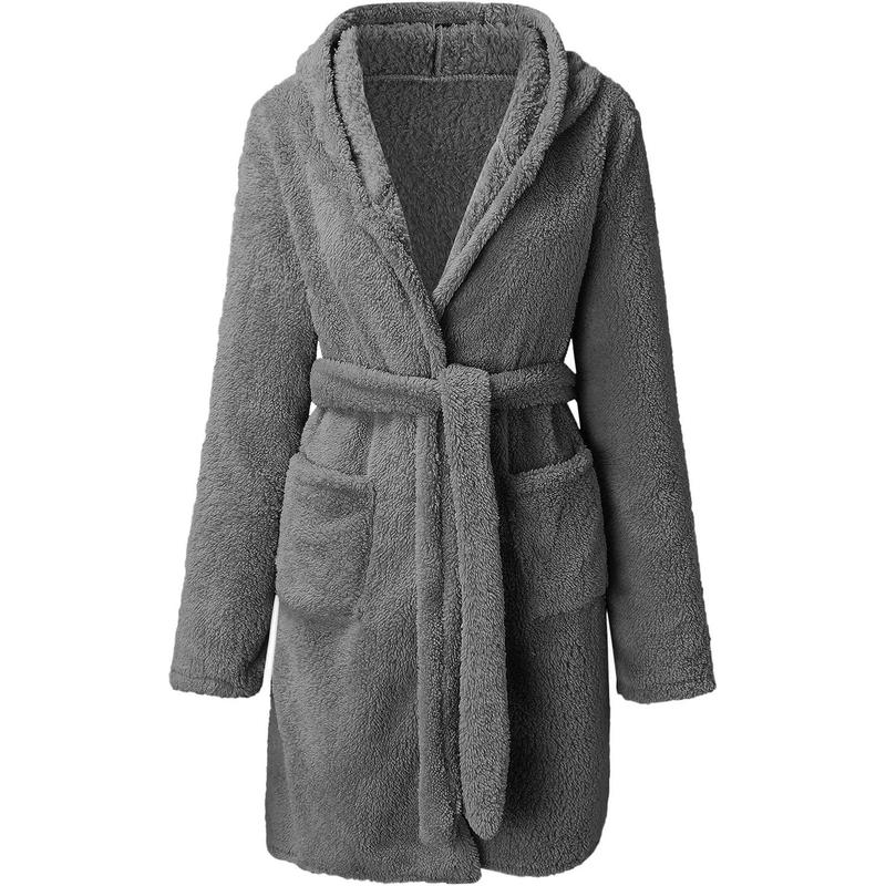 Womens Fuzzy Robe Hooded Short Robe Fall Winte Belt Knee Length Plush Robe Sleepwear Pockets Spa Bathrobe