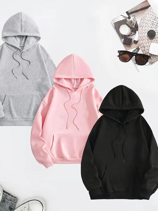 Women's Solid Drawstring Drop Shoulder Hoodie, Fashion Casual Kangaroo Pocket Hooded Sweatshirt for Daily Outdoor Wear, Women Fall & Winter Clothes