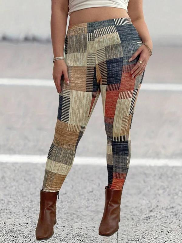 Plaid Print Elastic Waist Leggings, Casual Comfy High Waist Skinny Pants for Daily Wear, Women's Bottoms for Spring & Fall