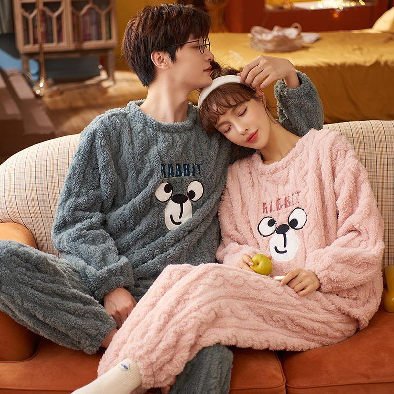 Couple's Blue Velvet Pajamas Winter Thickening Cartoon Men's and Women's Warm and Cute Coral Velvet Home Wear Autumn