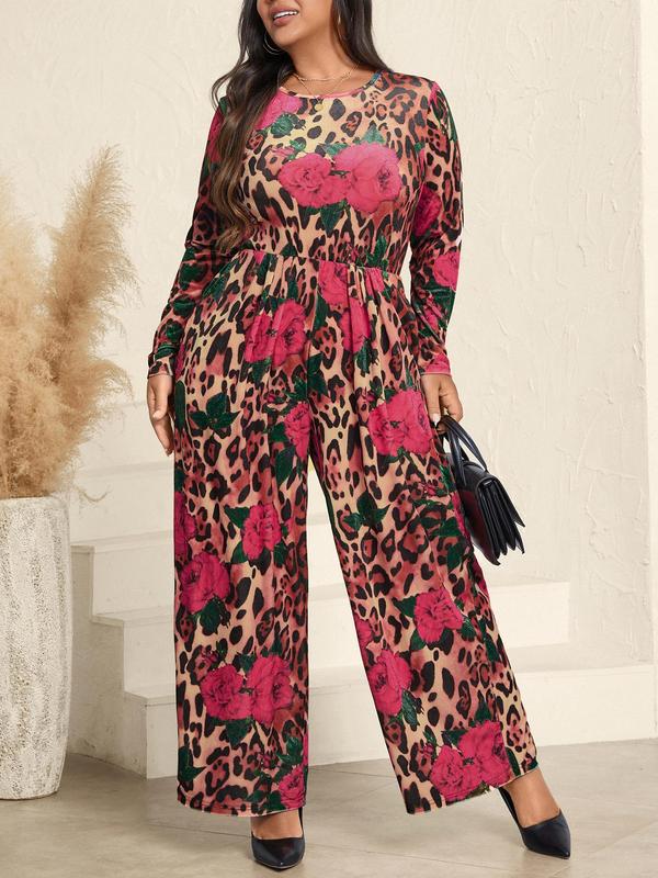 CURVZY Plus Size Floral & Leopard Print Pocket Wide Leg Jumpsuit, Elegant Long Sleeve Round Neck Velvet Jumpsuit for Fall & Winter, Women's Clothes for Daily Wear