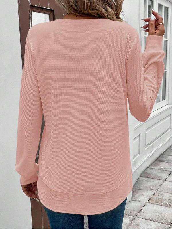 Women's Plain Waffle Knit Tee, Casual Long Sleeve Round Neck T-shirt for Daily Wear, Ladies Clothes for All Seasons