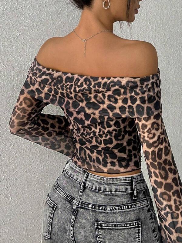 Women's Leopard Print Lettuce Trim Off Shoulder Crop Tee, Casual Flounce Sleeve T-shirt for Fall & Winter, Women's Clothing for Daily Wear