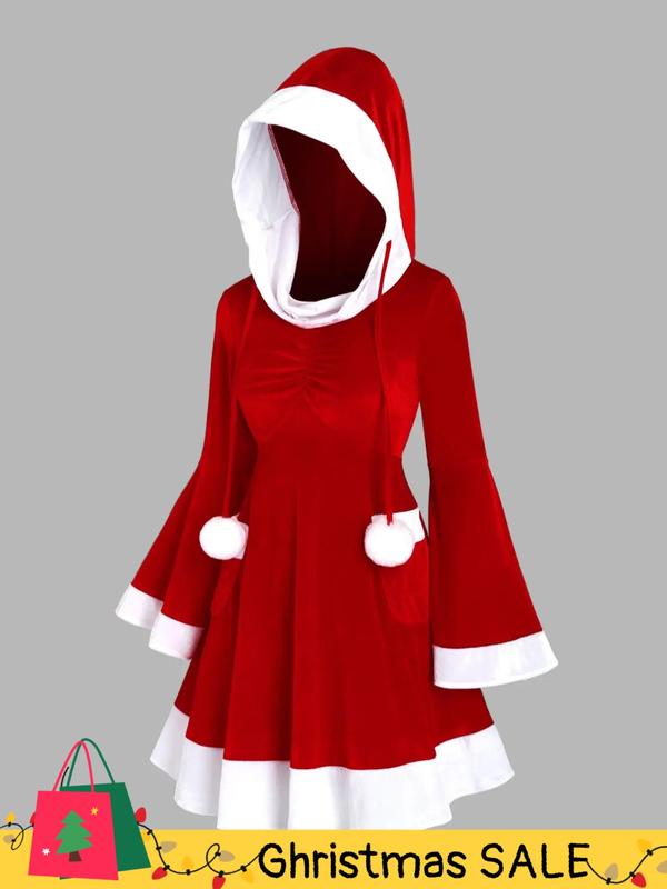  Christmas Themed Ruched Pocket Hooded Dress, Casual Long Sleeve Flounce Sleeve Dress for Party Holiday, Women's Clothing for Fall & Winter