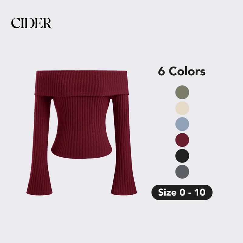 Cider [6 colors, size 0-10] Off-shoulder Solid Long Sleeve Top