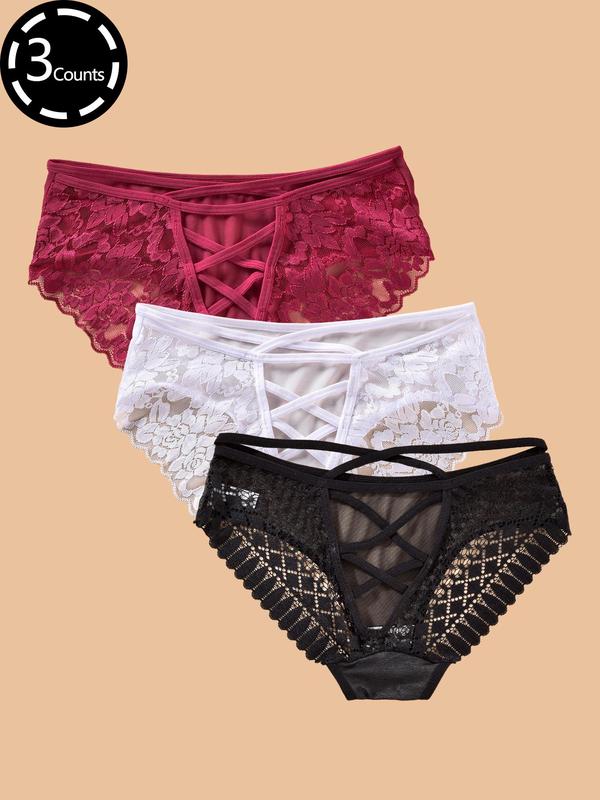 Women's Contrast Lace Criss Cross Knicker, Soft Comfy Breathable Panty for Daily Wear, Ladies Underwear for All Seasons