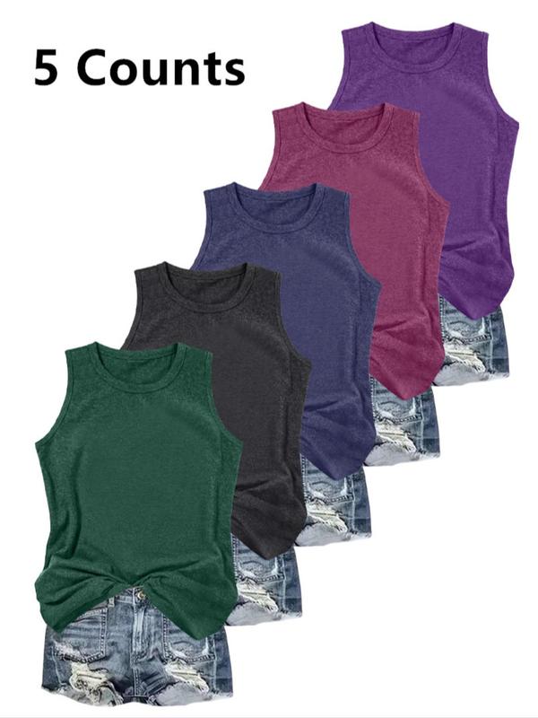 Women's Solid Round Neck Tank Top, Casual Sleeveless Top for Daily Wear, Ladies Clothes for All Seasons