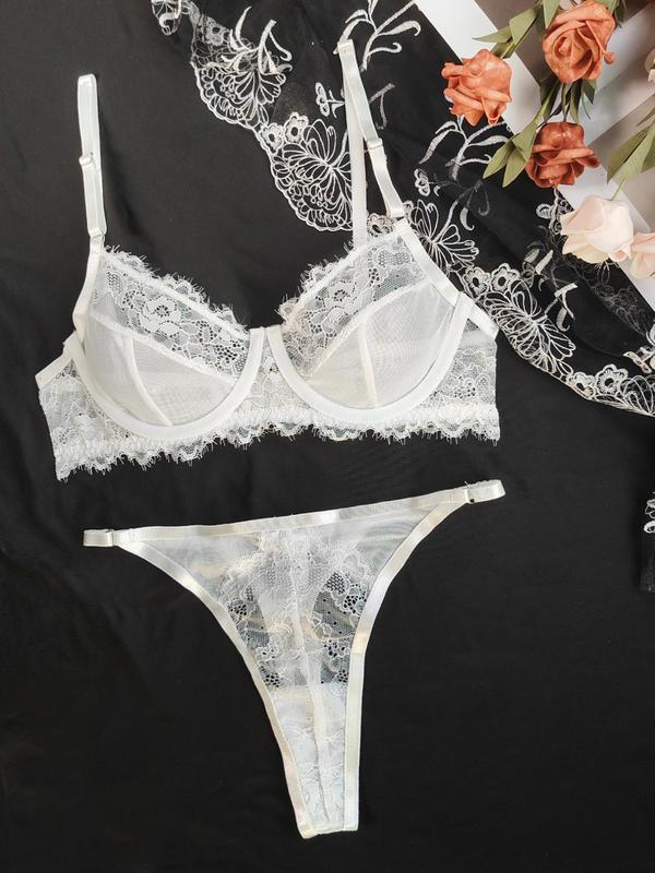 Women's Floral Lace Underwire Bra &   Thong Two-piece Set, Elegant Romantic Bra & Panty Set, Soft Comfortable Breathable Underwear Set for Women