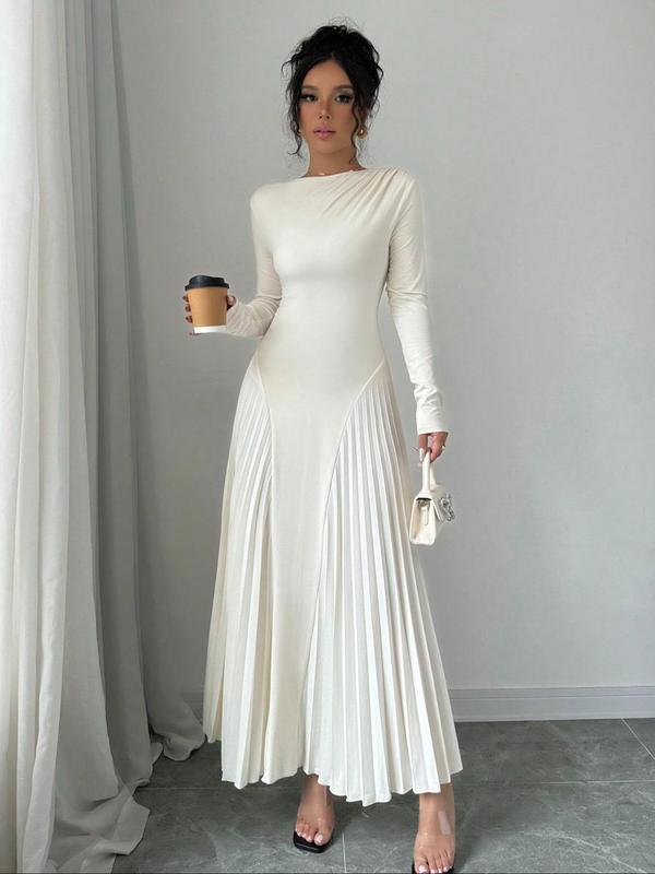 Women's Plain Pleated Long Sleeve A Line Dress, Elegant Round Neck Long Dress for Party Holiday Wedding Guest, Ladies Clothes for All Seasons