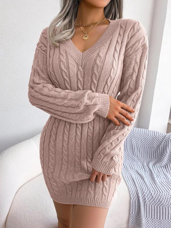 Women's Basic Comfort Solid Textured Drop Shoulder Sweater Dress, Lady's Minimalist Casual Lady Long Sleeve V Neck Cable Knit Dress,  Dresses for Women, Latina Outfits