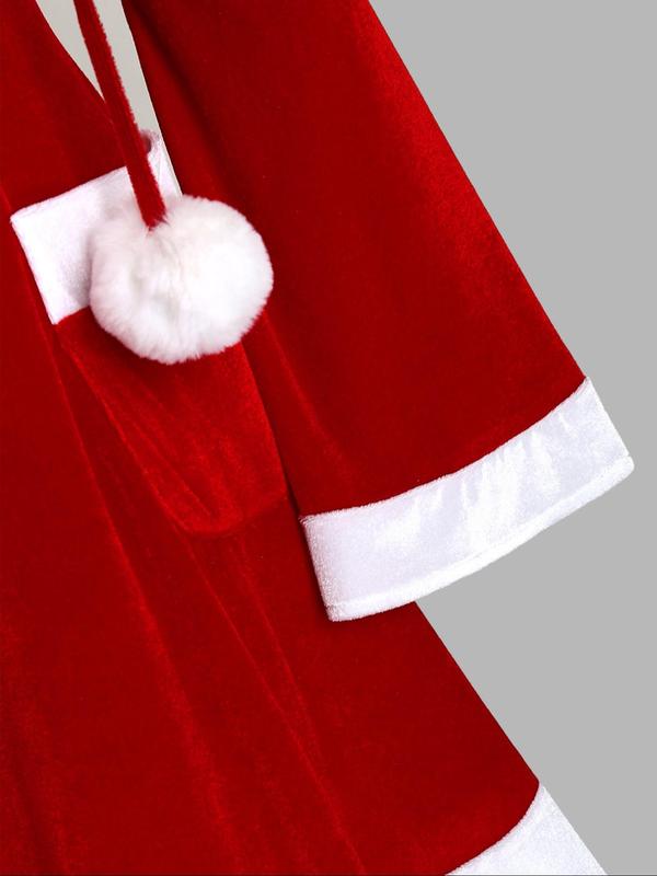  Christmas Themed Ruched Pocket Hooded Dress, Casual Long Sleeve Flounce Sleeve Dress for Party Holiday, Women's Clothing for Fall & Winter