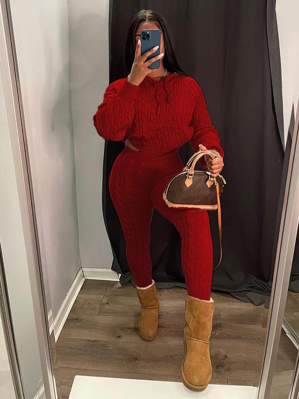 Women's Thin Semi-sheer Cable Knit Textured Set, Casual Longsleeves Hooded Sweater & High Waist Skinny Pants Set, Lady 2024 Summer Clothes, Gym Outfits Downtown Girl Clothes, Downtown Girl Clothes