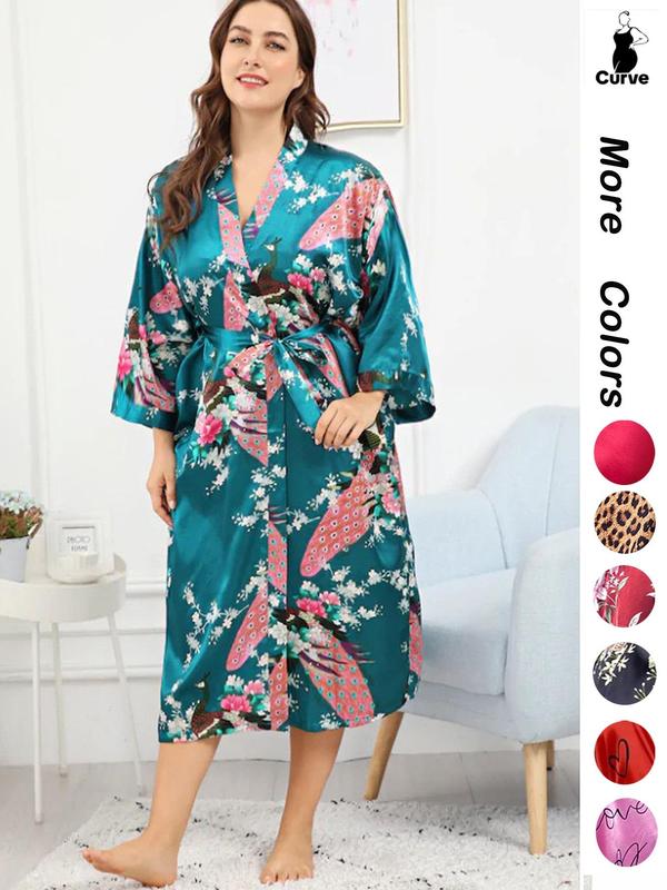 2 Counts Plus Size Halloween Pumpkin Skull Print Belted Wrap  Long Sleeve Loungewear Robe, Back To School Women Nightwear, Fall Lady Long Lounge Robe Gowns, Halloween Pajamas, Halloween Plus Size Fallfreshness, Fall Outfits Black Girl