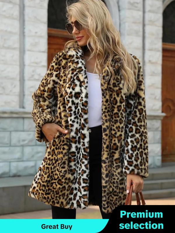 Women's Leopard Print Long Sleeve Faux Fur Coat, 1 Count Casual Open Front Outerwear for Fall & Winter, Winter Clothes Women,  Women's Clothing for Daily Wear