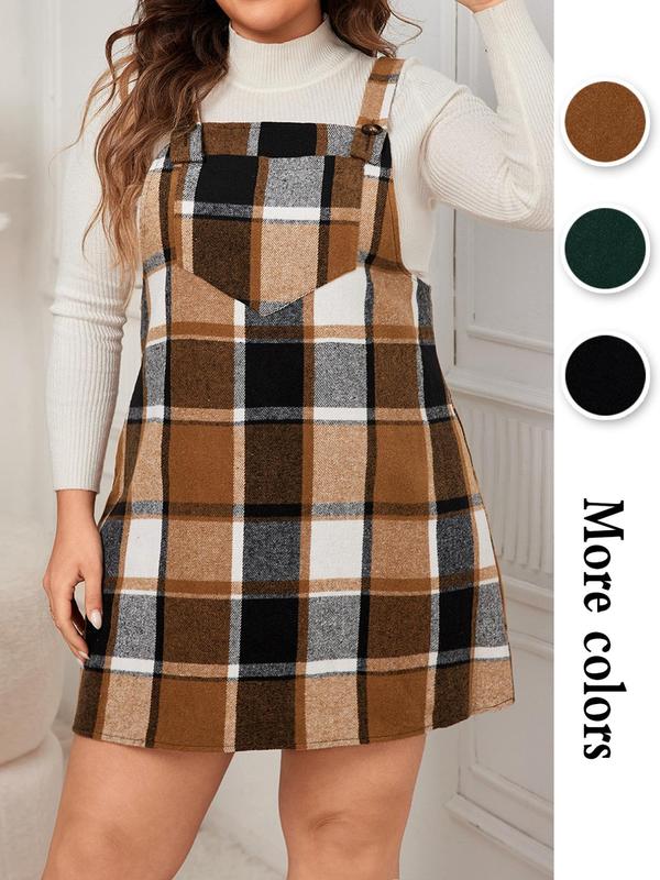  Plaid Print Button Pinafore Dress without Top, Casual Pocket Sleeveless Dress for Spring & Fall, Women's Clothes for Daily Wear, Preppy 80s Clothes