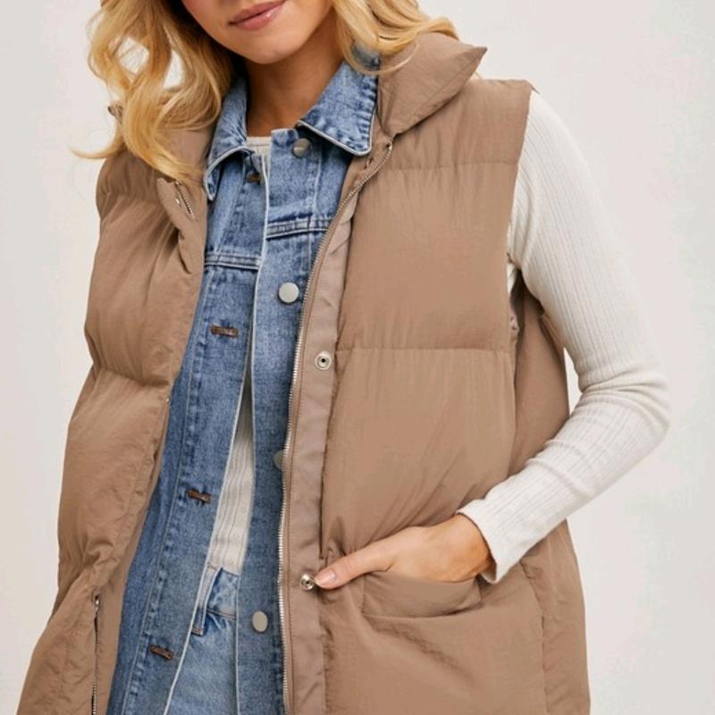 Mushroom Demin Layered Puffer Vest season outfit warm puffer vest