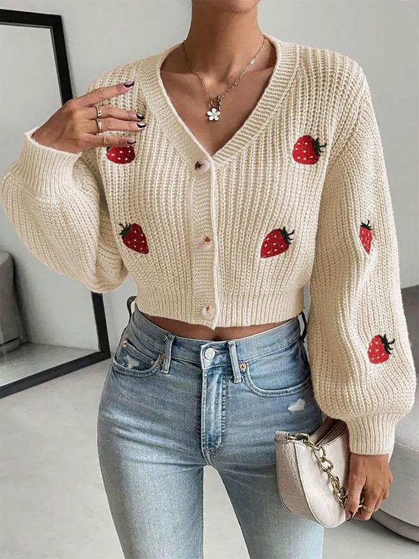 Womenswear Strawberry Embroidery Comfort Button Front Crop Cardigan, Cardigans for Women, Casual Drop Shoulder Long Sleeve V Neck Knitwear for Fall & Winter, Lady Fashion Ladies' Knit Clothing for Daily Wear