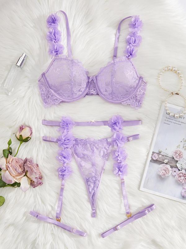 Women's Floral Appliques Lace Sexy Lingerie Three-piece Set, Sexy Comfy Breathable Bra & Thong & Garter Belt Set, Lingerie Set for Women