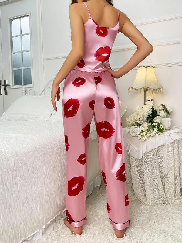 Two-Piece Set Women's All Over Lip Print Pyjama Set, Elegant V Neck Cami Top & Elastic Waist Sleep Pants, Ladies Sleepwear for All Seasons