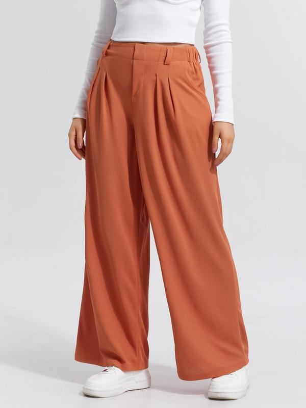 Women's Plain Plicated Elastic Waist Wide Leg Pants, Casual Comfy Pocket  Trousers for Daily Wear, Ladies Bottoms for All Seasons