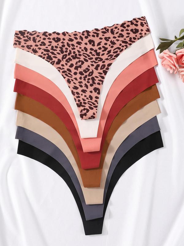 Women's Solid & Leopard Print Scallop Trim Thong, Underwear for Women, Breathable Comfortable Panties for Daily Wear, Ladies Underwear for All Seasons