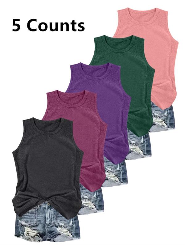 Women's Solid Round Neck Tank Top, Casual Sleeveless Top for Daily Wear, Ladies Clothes for All Seasons