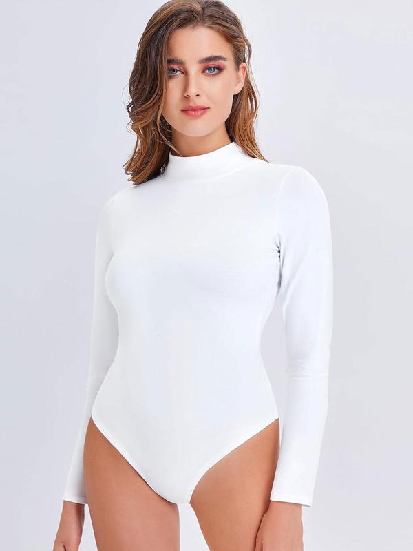 Women's Solid Mock Neck Long Sleeve Shapewear Bodysuit, High Stretch Tummy Control Shaper, Ladies Shapewear for All Seasons