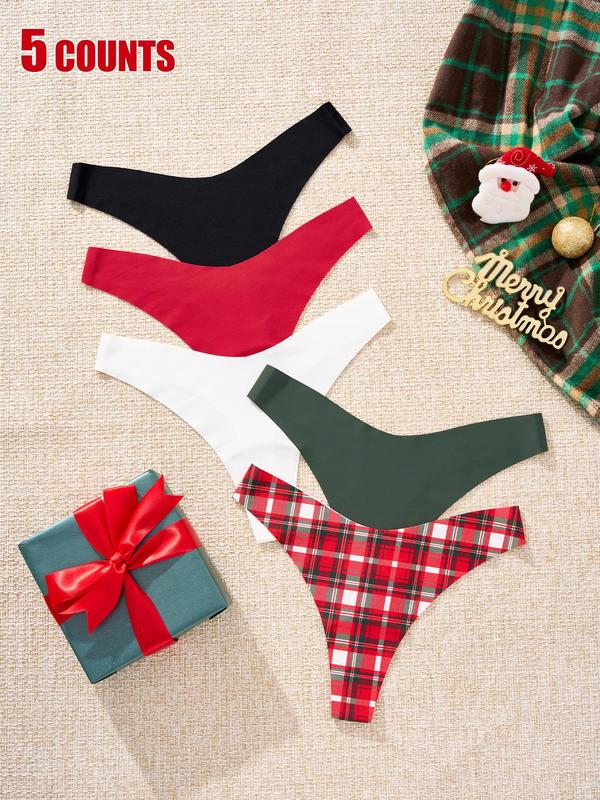 Women's Christmas Plain & Plaid Print Thong, Soft Comfy Breathable Seamless Panty for Daily Wear, Women's Underwear for All Seasons