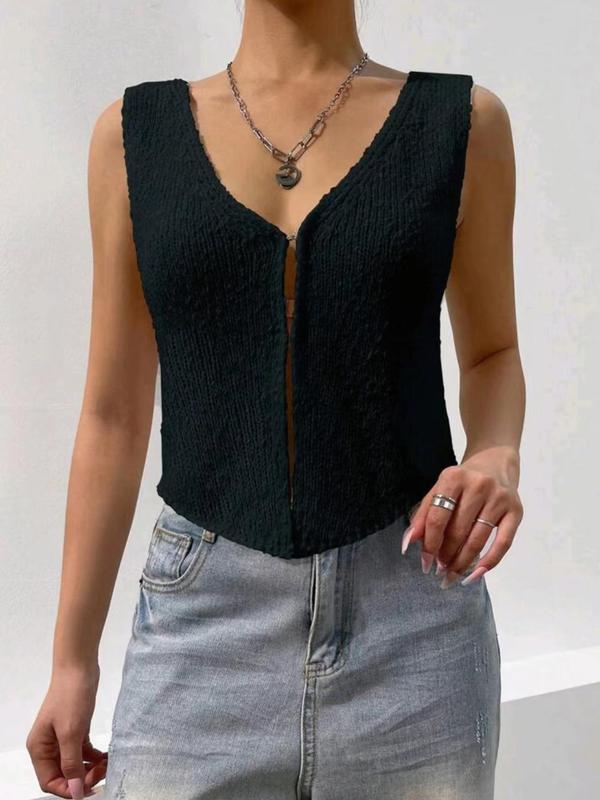 Women's Plain V Neck Hook & Eye Design Sweater Vest, Summer Outfits 2024, Crochet Vest, Casual Solid Sleeveless Knit Top for Summer, Fashion Ladies' Knitwear for Daily Wear