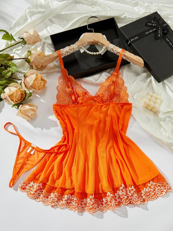 Women's 2pcs Sheer Floral Embroidery Bow Decor Cami Nightdress & Thong Sexy Lingerie Set, Ruffle Hem Sleeveless Nightgown & Panty Two-Piece Lingerie Set, Chic Lingerie Set for Women