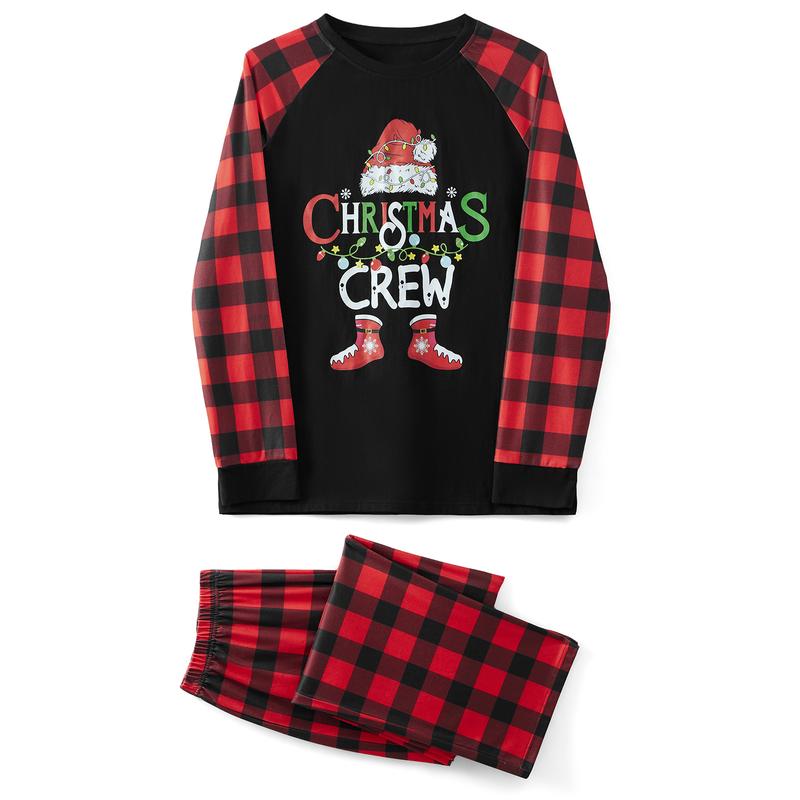 Christmas Family Pajamas Matching Set Letter Santa Hat Print Long Sleeve Tops and Plaid Pants Sleepwear