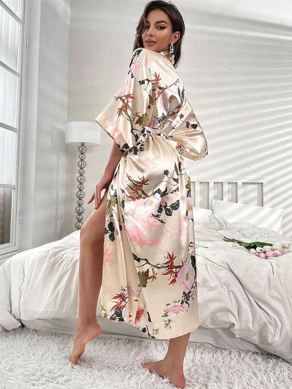 Women's Floral Print Belted Drop Shoulder Robe, Casual Comfy Half Sleeve Night Robe for Women, Ladies Sleepwear for All Seasons