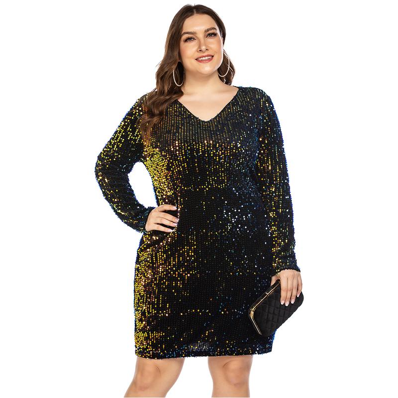 Holiday haul IN'VOLAND Womens Sequin Dress Plus Size V Neck Party Cocktail Dresses Elegant Fabric Formal Womenswear