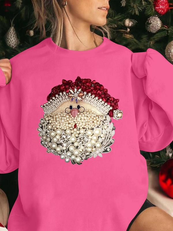 Women's Rhinestone & Faux Pearl Decor Santa Claus Print Christmas Thermal Lined Sweatshirt, Casual Drop Shoulder Long Sleeve Pullover, Women's Christmas Clothes for Daily Wear