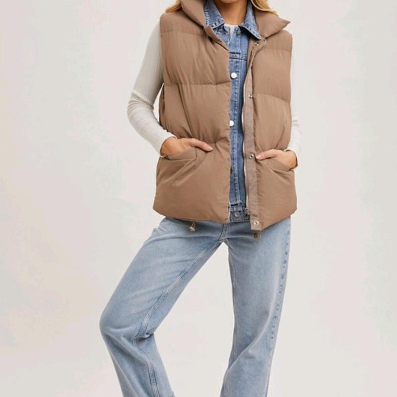 Mushroom Demin Layered Puffer Vest season outfit warm puffer vest