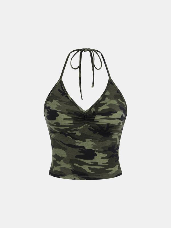 YOZY [2 colors] Camo Print Ruched Crop Top, Y2K Casual V Neck Backless Halter Tie Back Halter Cami Top, 2024 Women's Daily Wear for Spring & Summer