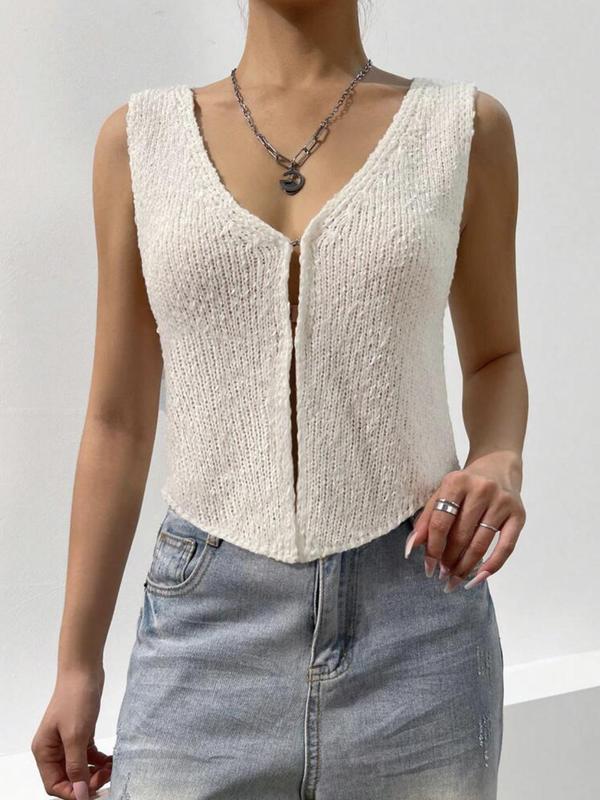 Women's Plain V Neck Hook & Eye Design Sweater Vest, Summer Outfits 2024, Crochet Vest, Casual Solid Sleeveless Knit Top for Summer, Fashion Ladies' Knitwear for Daily Wear